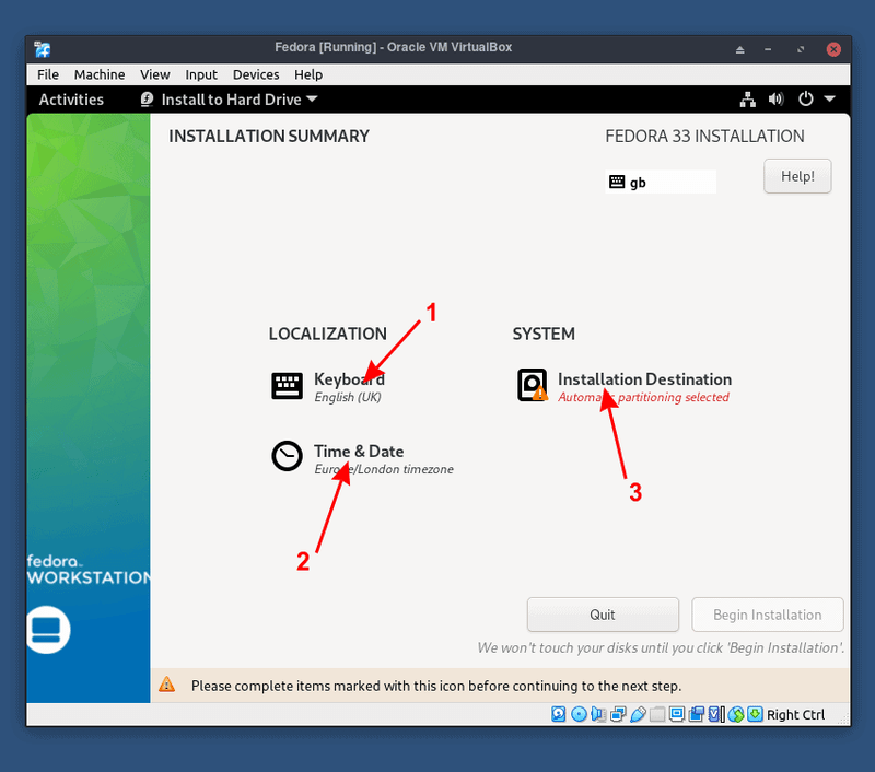 选择键盘布局、日期和时间,然后是安装目标位置