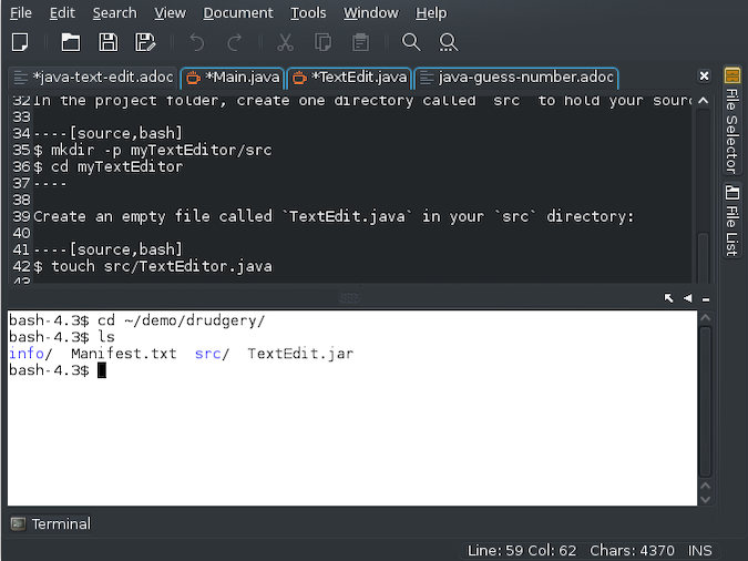 Medit terminal showing examples of Bash script in editor Medit terminal showing examples of Bash script in editor